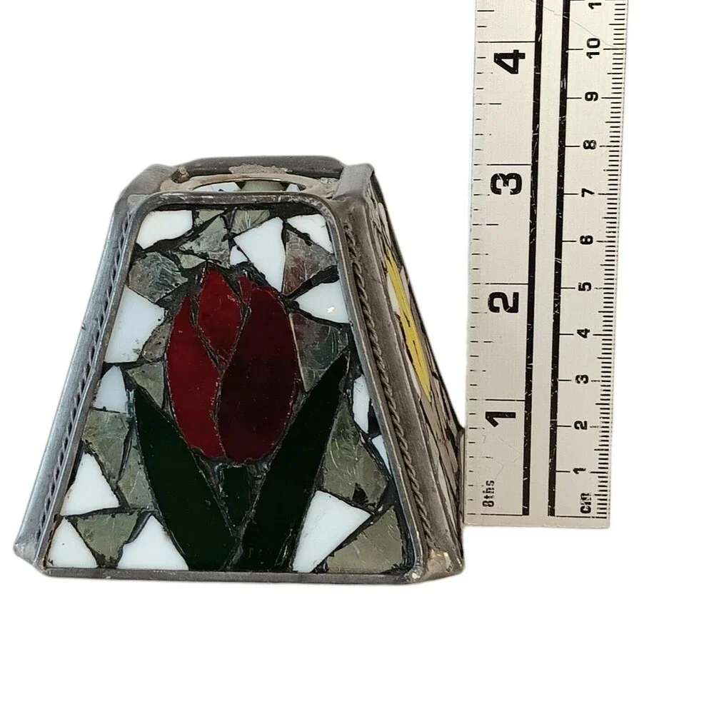 Vintage Stained Glass Lamp Shade Red Pink Yellow Tulips Replacement Small 3.75x3